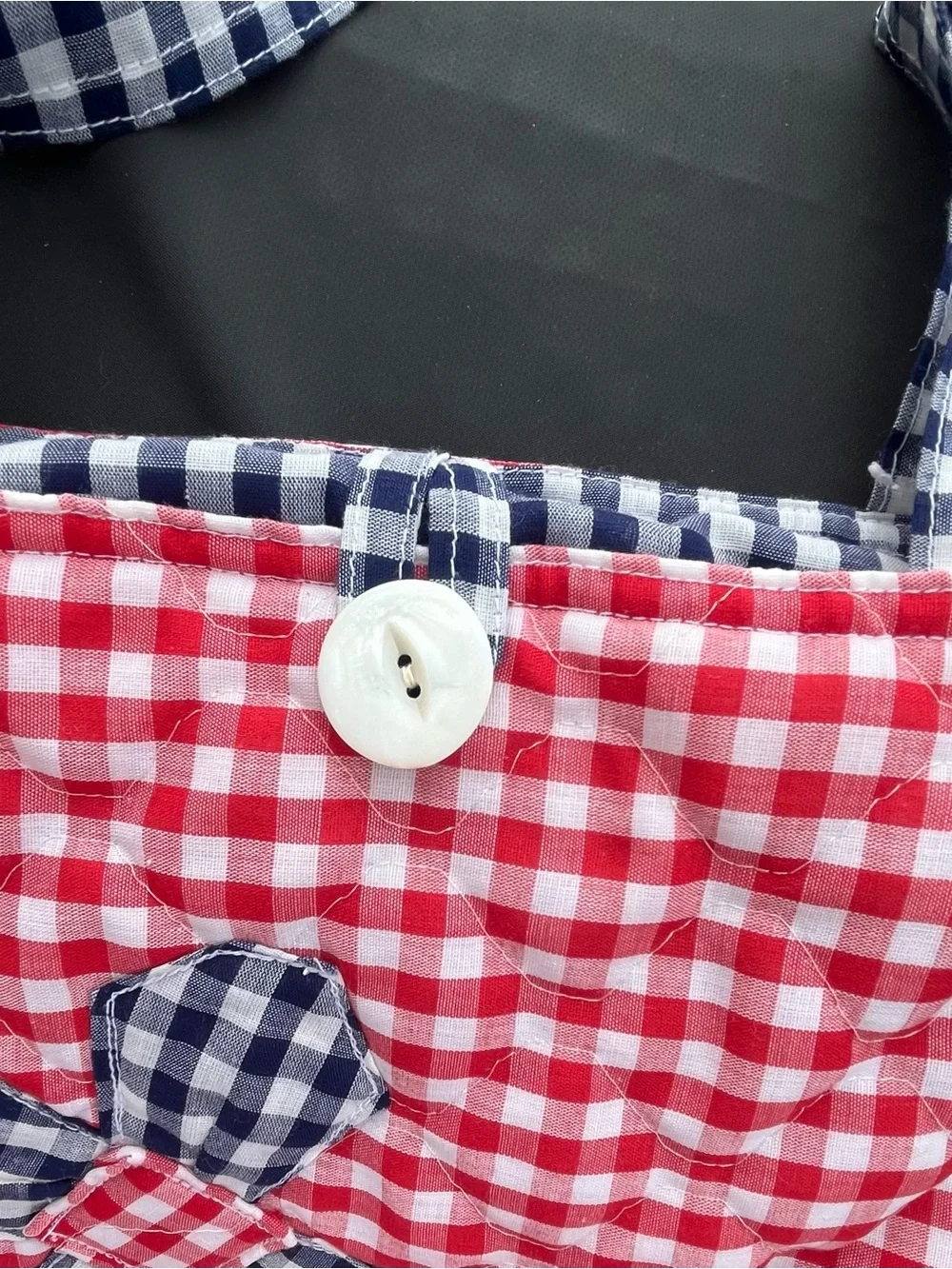 Quilted handmade tote bag red, navy blue and white gingham pattern, front flower